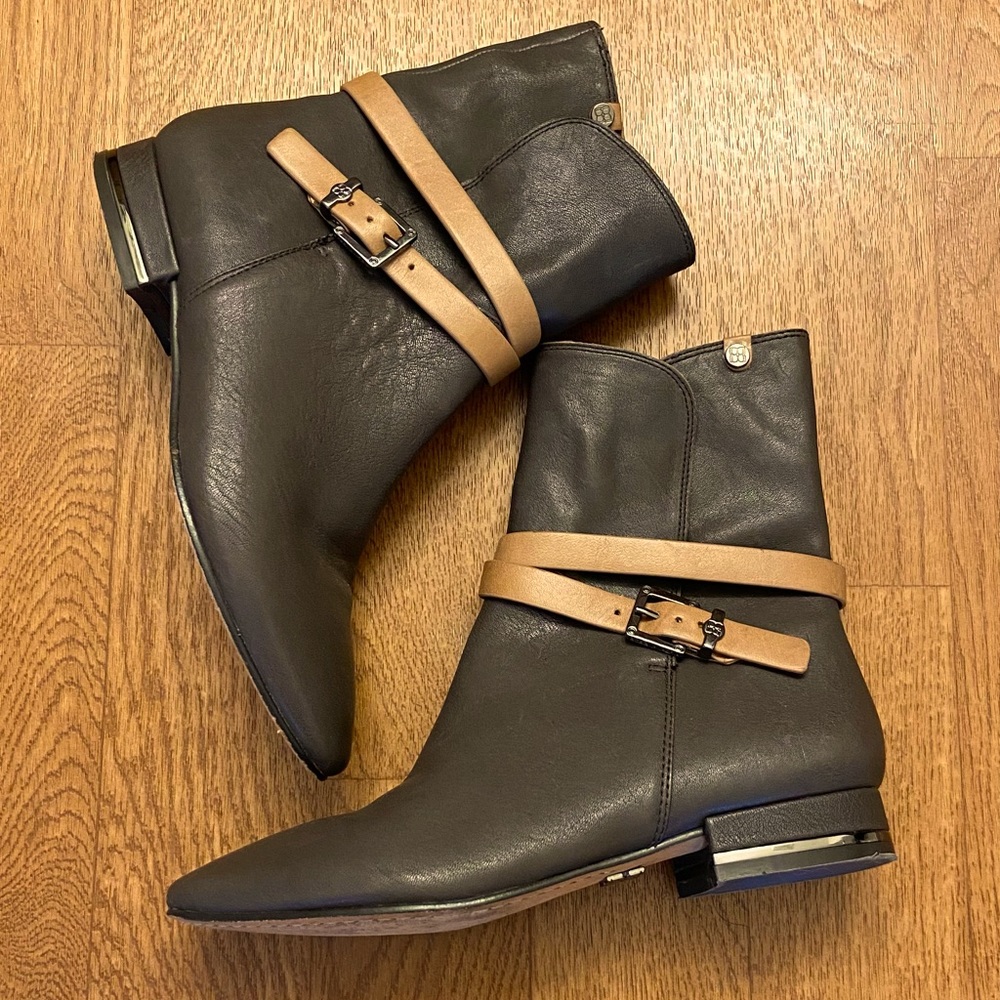 BCBGMaxAzria Black Leather Ankle Boots with Tan Strap